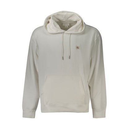 Calvin Klein White Cotton Men Sweater with hood, central pocket, and logo, blending comfort with urban style for modern fashion enthusiasts.
