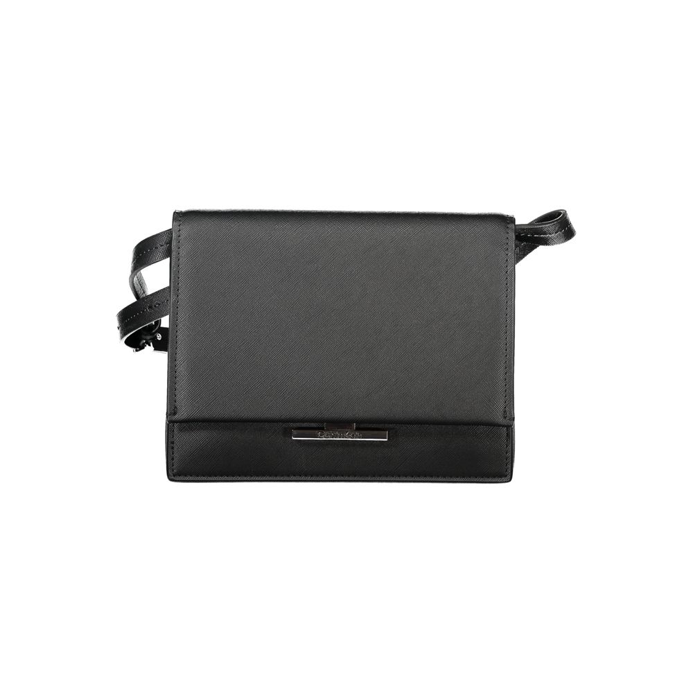 Calvin Klein Black Polyethylene Handbag with adjustable strap, three compartments, snap closure, and logo detailing.