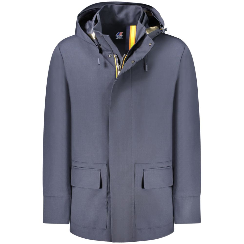 K-WAY Blue Wool Men Trench Coat with removable hood and multiple pockets, offering stylish protection against the elements.
