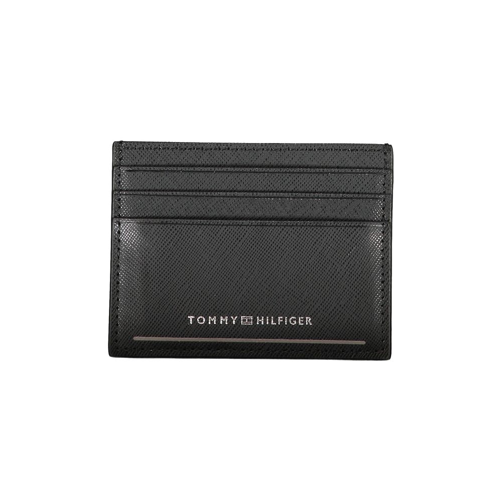 Tommy Hilfiger Black Leather Wallet with contrast details, logo, card holder, and central pocket.