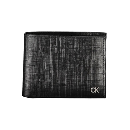 Calvin Klein Black Leather Wallet with logo, featuring RFID blocking, 2 compartments, coin purse, and card spaces.