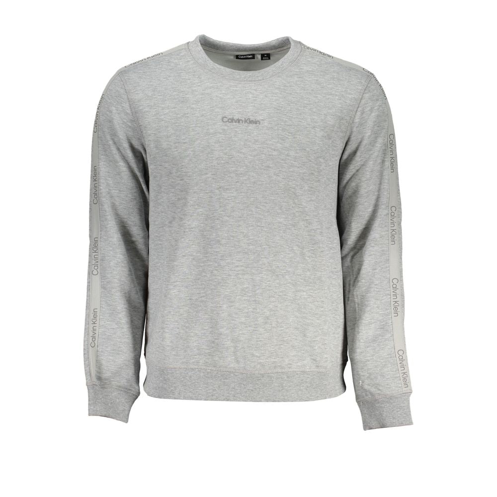 Calvin Klein Gray Polyester Men Sweater, long sleeve with printed logo, crew neck design for casual comfort and athletic style.