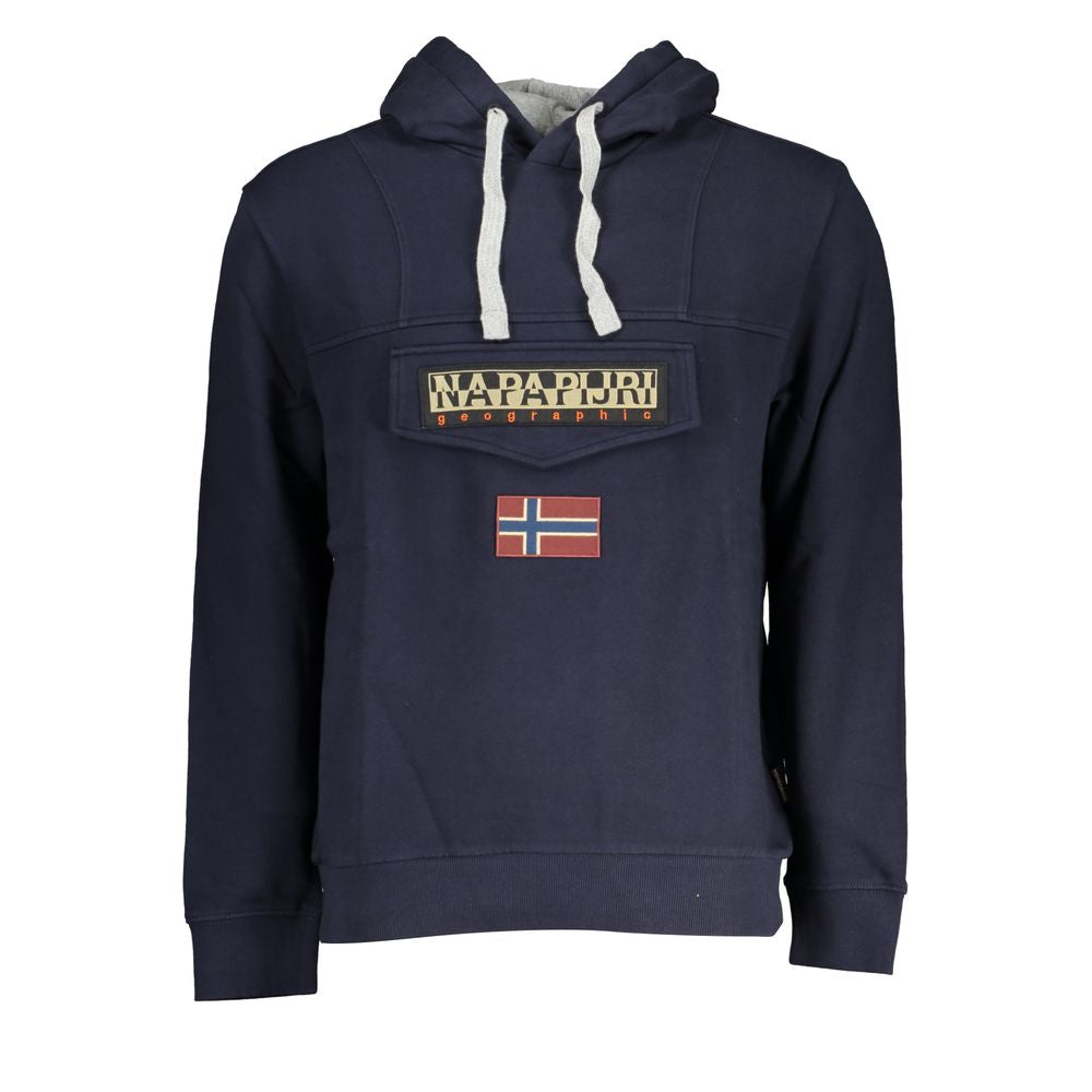 Napapijri Blue Cotton Men Sweater with logo and pocket, showcasing hooded design and soft brushed fabric, perfect for stylish comfort.