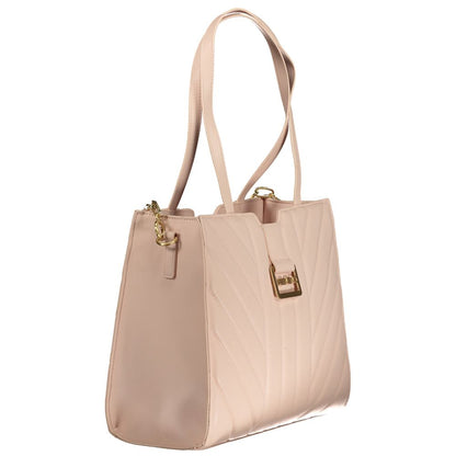 Mario Valentino Pink Polyethylene Handbag with dual shoulder handles and chain, featuring compartments, pockets, and logo detail.