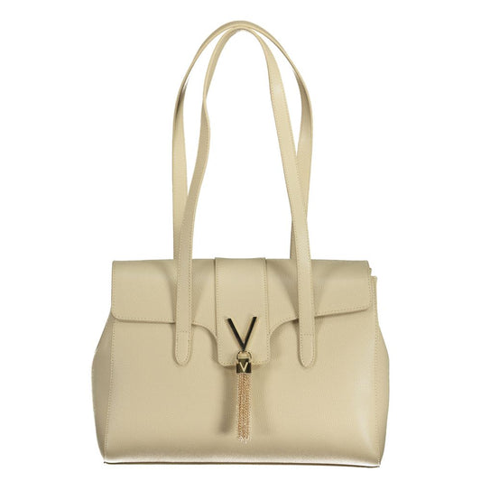 Mario Valentino Beige Polyethylene Handbag with shoulder handles, logo, and multiple compartments on a white background.