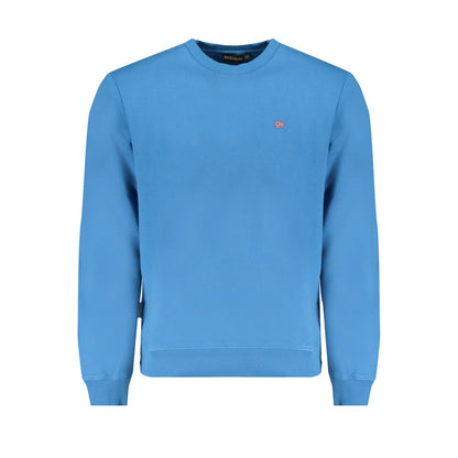 Napapijri Blue Cotton Men Sweater with long sleeves, crew neck, and logo embroidery in striking blue hue.