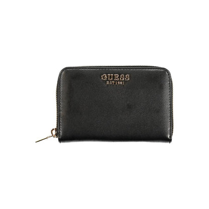 Guess Jeans Black Polyethylene Wallet with zip closure, 3 compartments, coin purse, card spaces, and logo embossing.