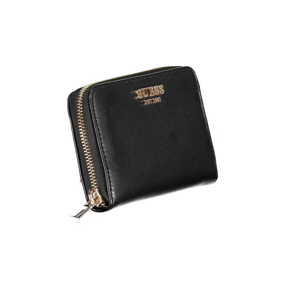 Guess Jeans Black Polyethylene Wallet with logo, 3-compartment design, card spaces, coin purse, and zip closure.