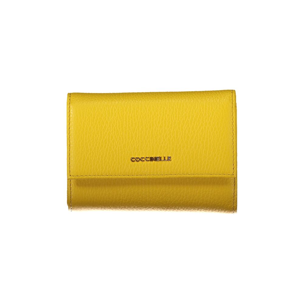 Coccinelle Yellow Leather Wallet with metallic finish, 3 compartments, card spaces, external coin pocket, zip and automatic closure, logo on front.