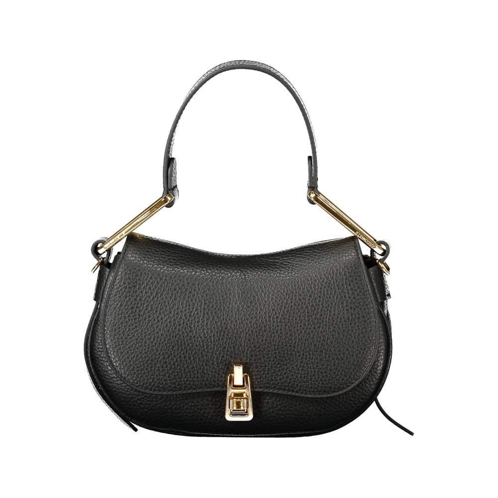 Coccinelle Black Leather Handbag with adjustable strap, internal pocket, and twist closure