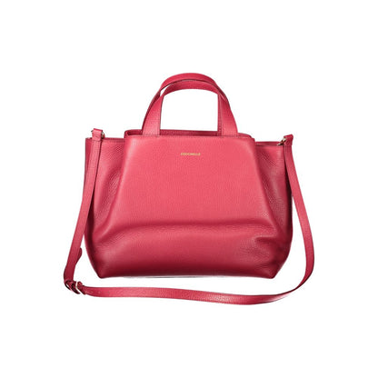 Coccinelle Red Leather Handbag with adjustable strap, two handles, and pockets. Features zip closure and document holder spaces.
