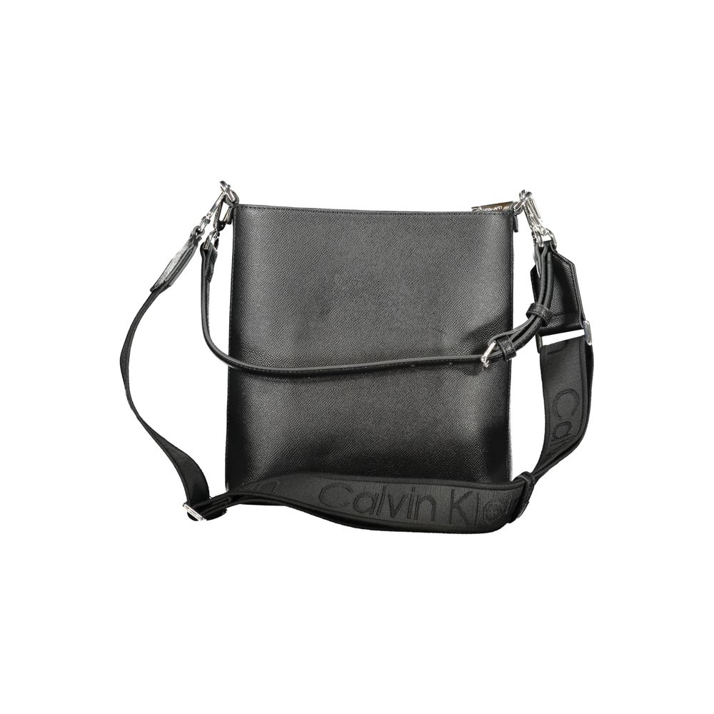 Calvin Klein Black Polyester Handbag with shoulder handle, adjustable strap, internal pocket, zip closure, and logo, made from recycled polyester.