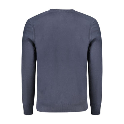Back view of Hugo Boss Blue Cotton Sweater with long sleeves and V-neck design featuring logo embroidery.