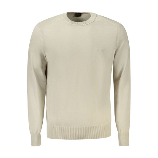 Hugo Boss Beige Cotton Sweater with Long Sleeves and Crew Neck, Featuring Embroidery and Logo
