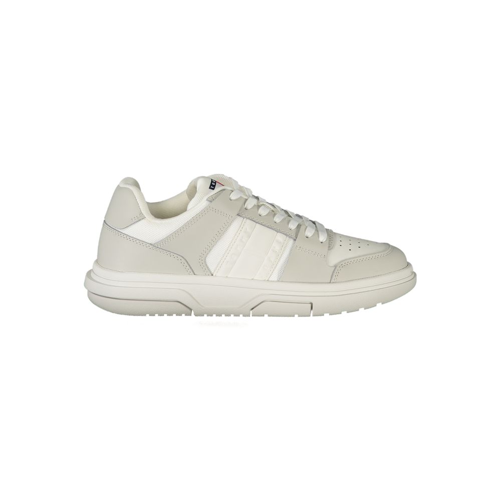 Tommy Hilfiger White Polyester Sneaker with laces, grey details, logo, and removable footbed, ideal sports shoe for style and comfort.