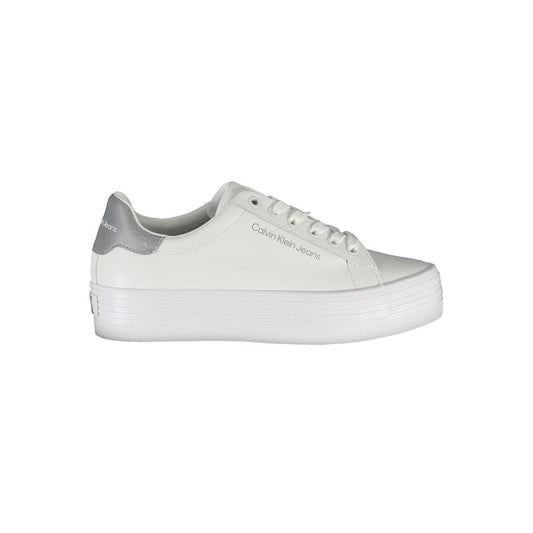 Calvin Klein White Polyester Sneaker, 100% recycled, sports shoe with laces, contrasting details, and logo print.