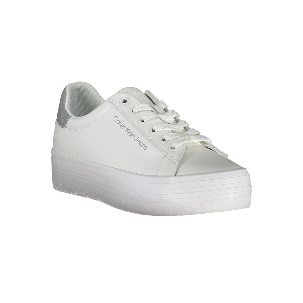 Calvin Klein White Polyester Sneaker with laces and logo, made from 100% recycled polyester, featuring contrasting details.