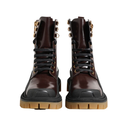 Dolce & Gabbana Brown Black Leather Boots Zipper Lace Up Shoes