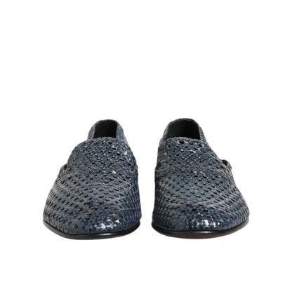 Dolce & Gabbana Blue Woven Leather Slip On Loafers Shoes
