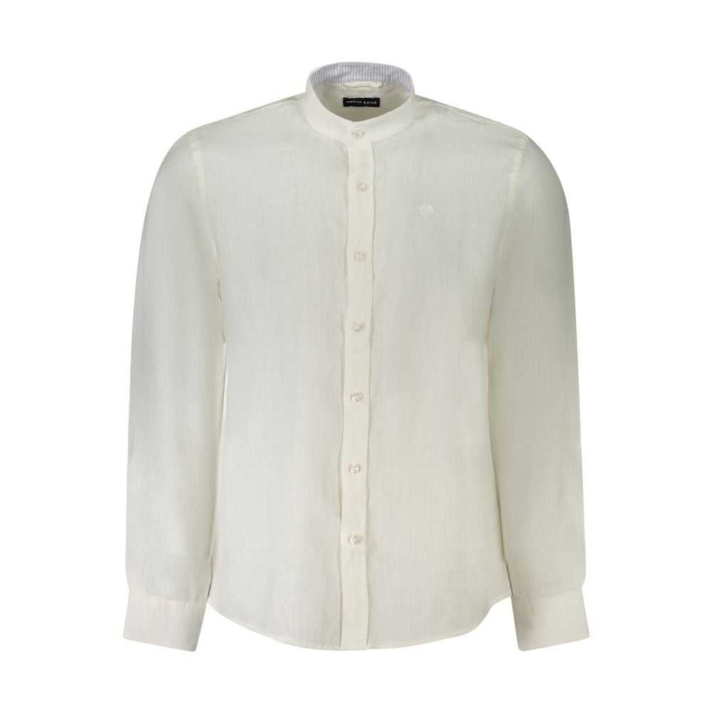 North Sails White Linen Shirt with long sleeves, Korean collar, button cuffs, and logo embroidery, Ocean Positive design.