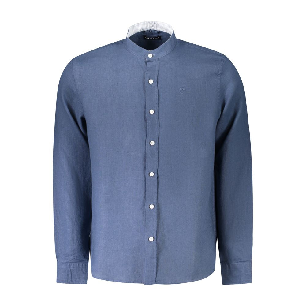 North Sails Blue Linen Shirt with long sleeves, Korean collar, and 1 button cuffs. Features embroidery and logo, part of Ocean Positive series.