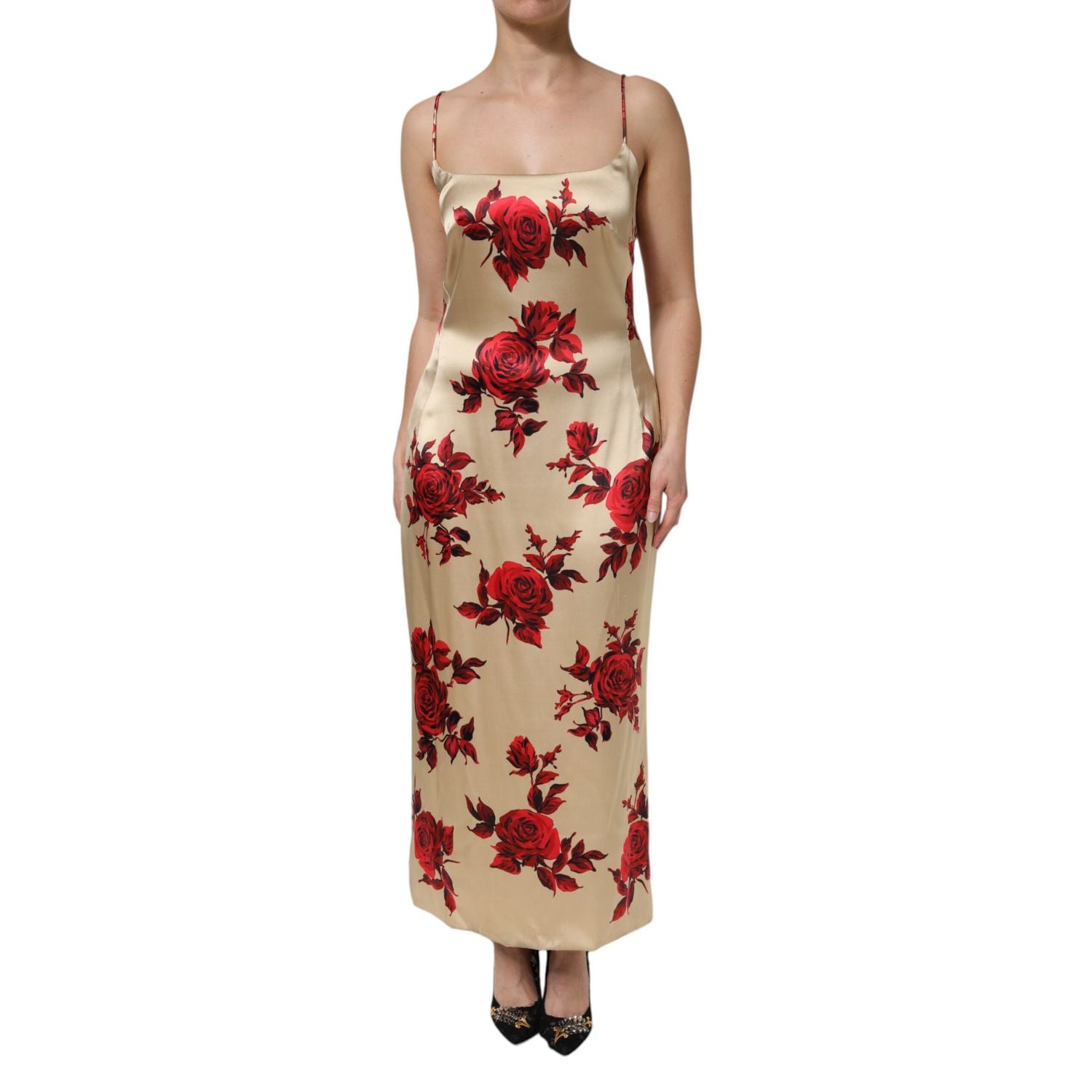 Dolce & Gabbana Beige Floral Spaghetti Strap Sheath Dress