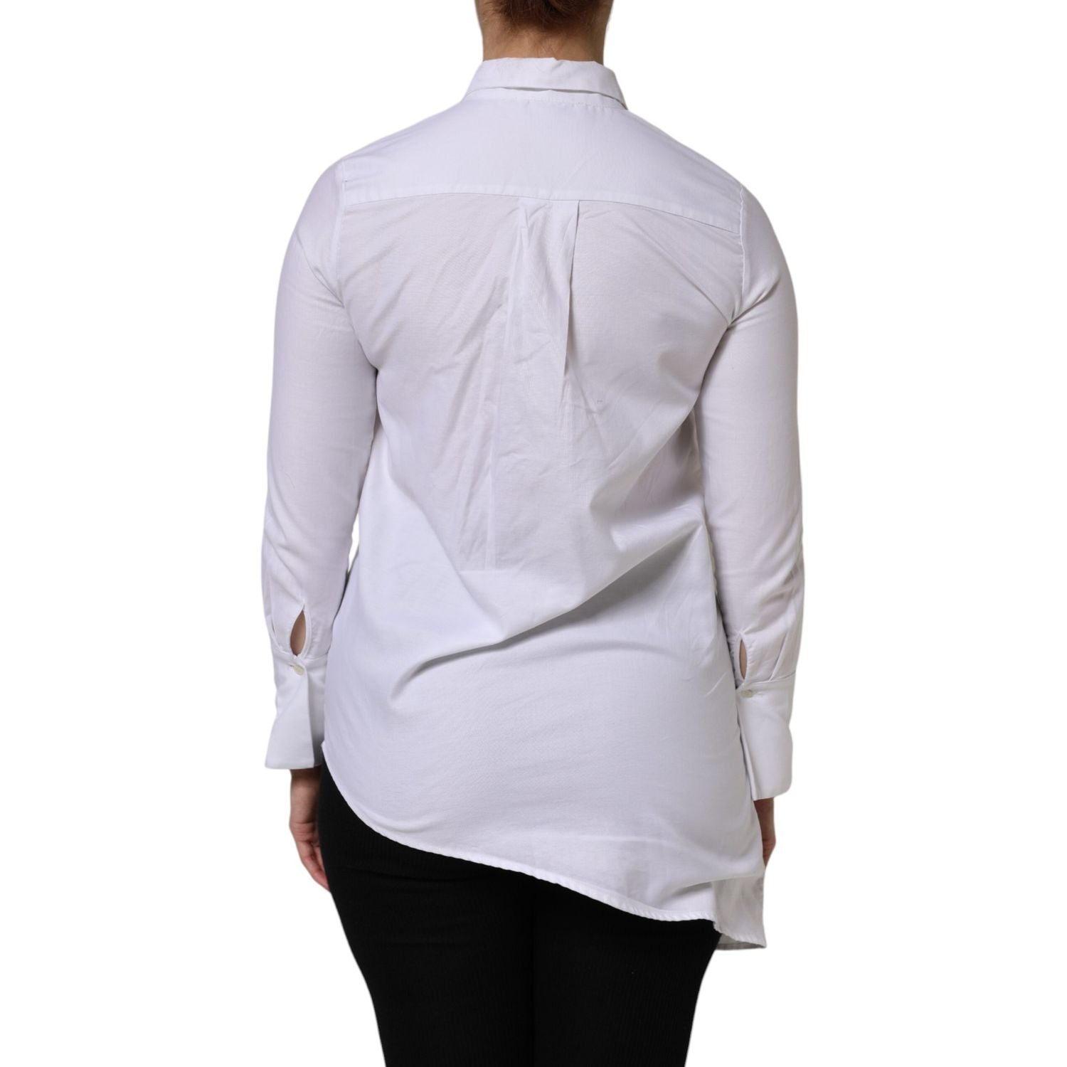 AGLINI White Cotton Collared Long Sleeves Ruffle Top Shirt