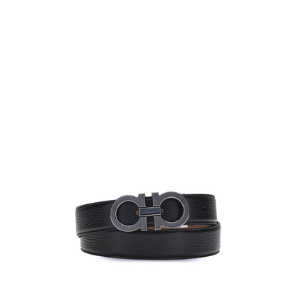 Ferragamo Black Calf Leather Bos Taurus Regular Belt with Gancini buckle and ruthenium finish