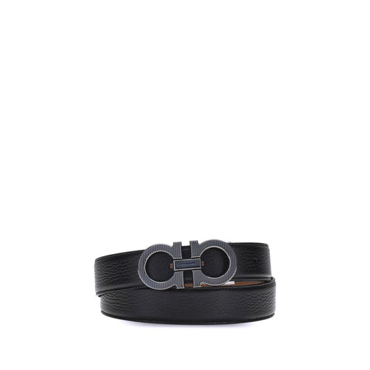 Ferragamo Black Calf Leather Bos Taurus Regular Belt with Gancini buckle and ruthenium finish