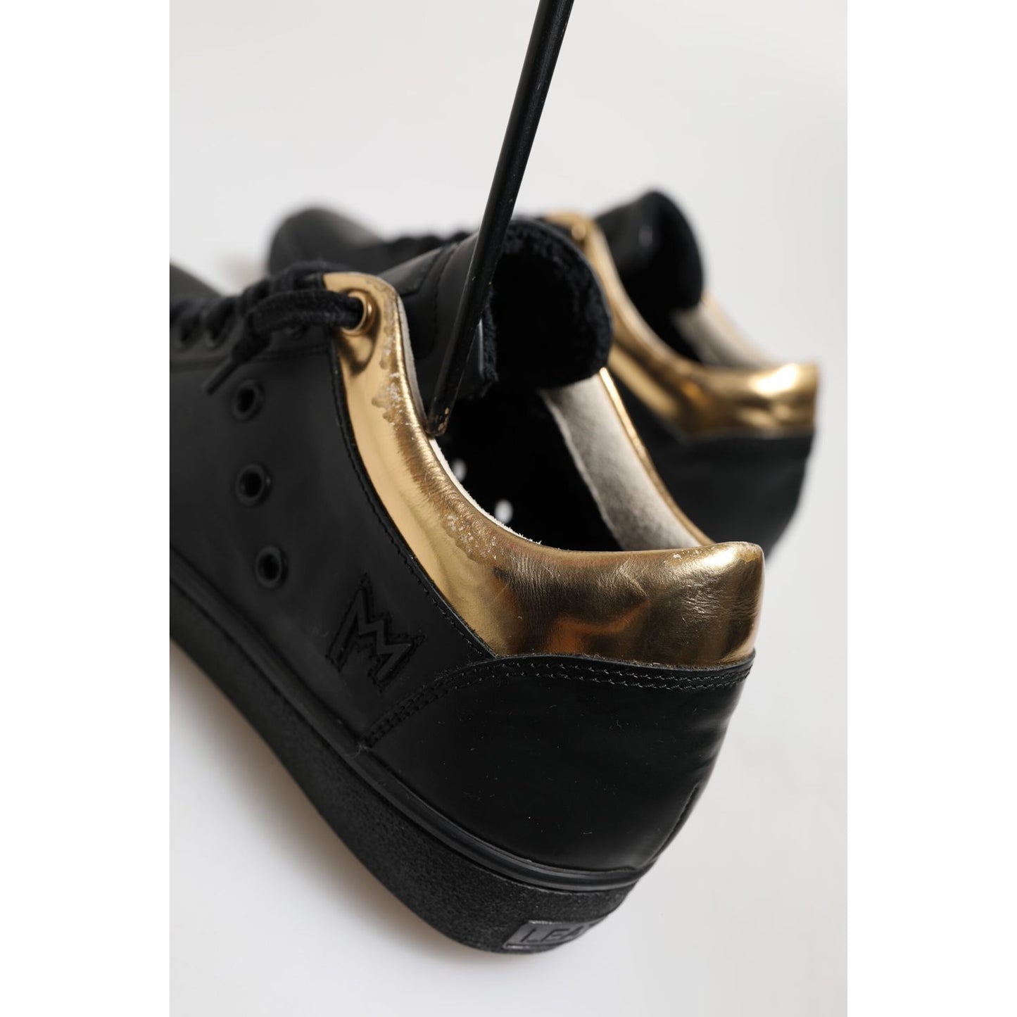Leather Crown Black Gold Lace Up Low Top Women Sneakers Shoes