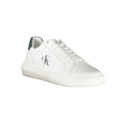Calvin Klein White Leather Men Sneaker with green accents and logo, featuring a comfortable removable insole, polyester and leather blend