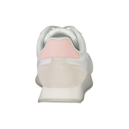 Back view of Calvin Klein White Leather Women Sneaker with pink accents.