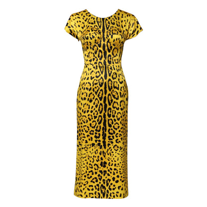 Dolce & Gabbana Yellow Polyester Leopard Midi Sheath Dress