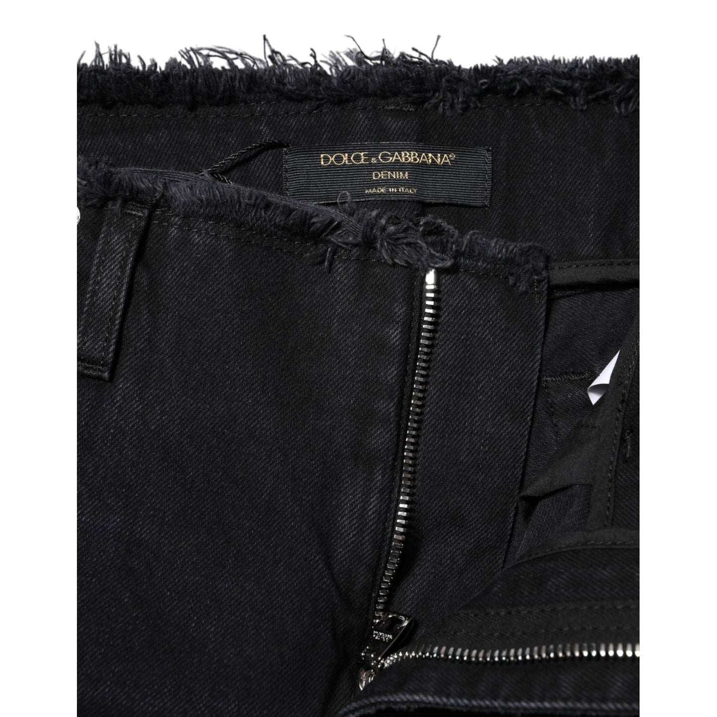 Dolce & Gabbana Black Cotton Tattered Mid Waist Denim Jeans
