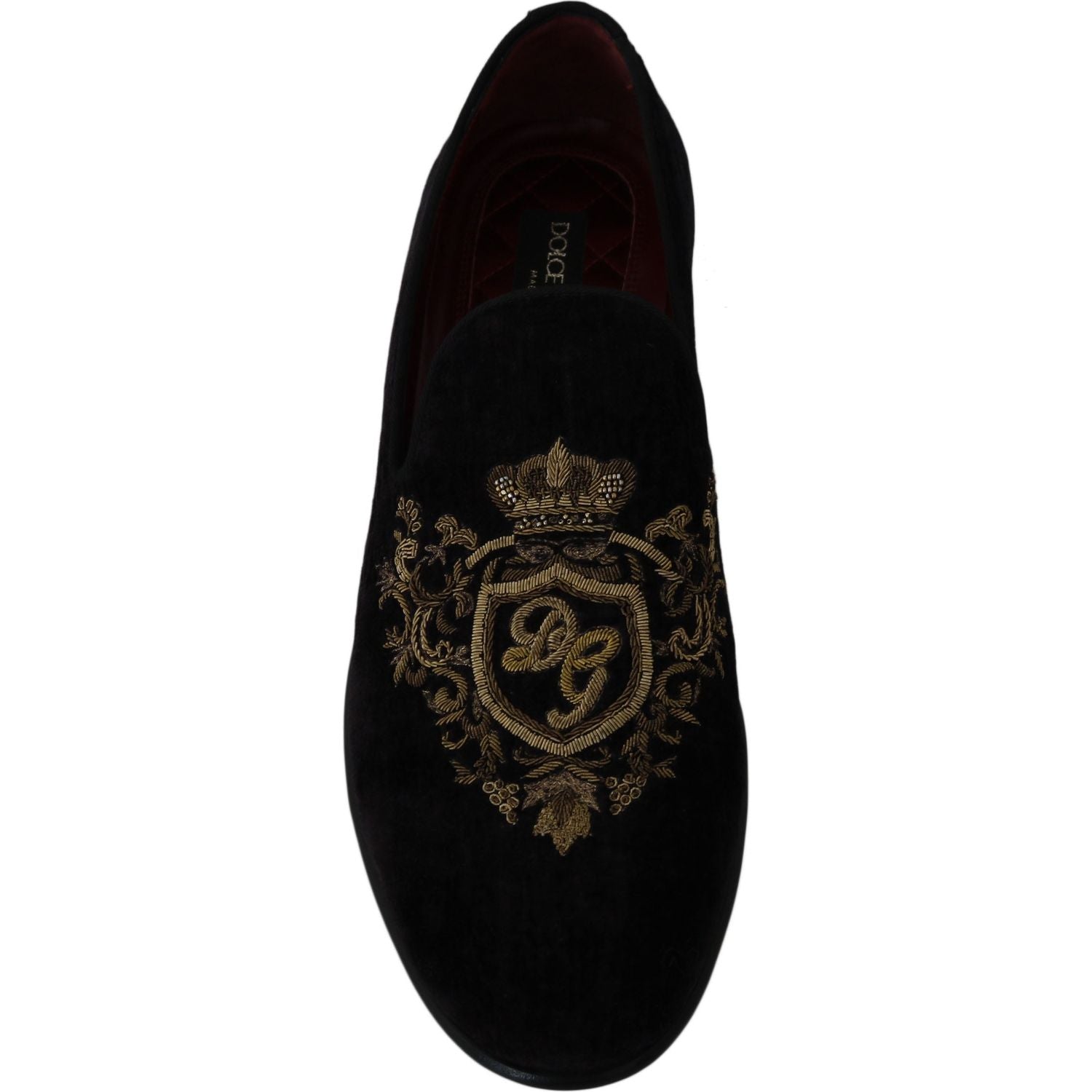 Dolce & Gabbana Loafers Black Velvet Gold Crown