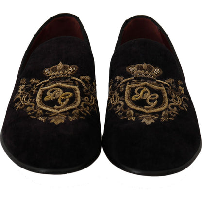 Dolce & Gabbana Loafers Black Velvet Gold Crown