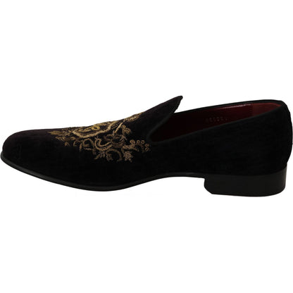 Dolce & Gabbana Loafers Black Velvet Gold Crown