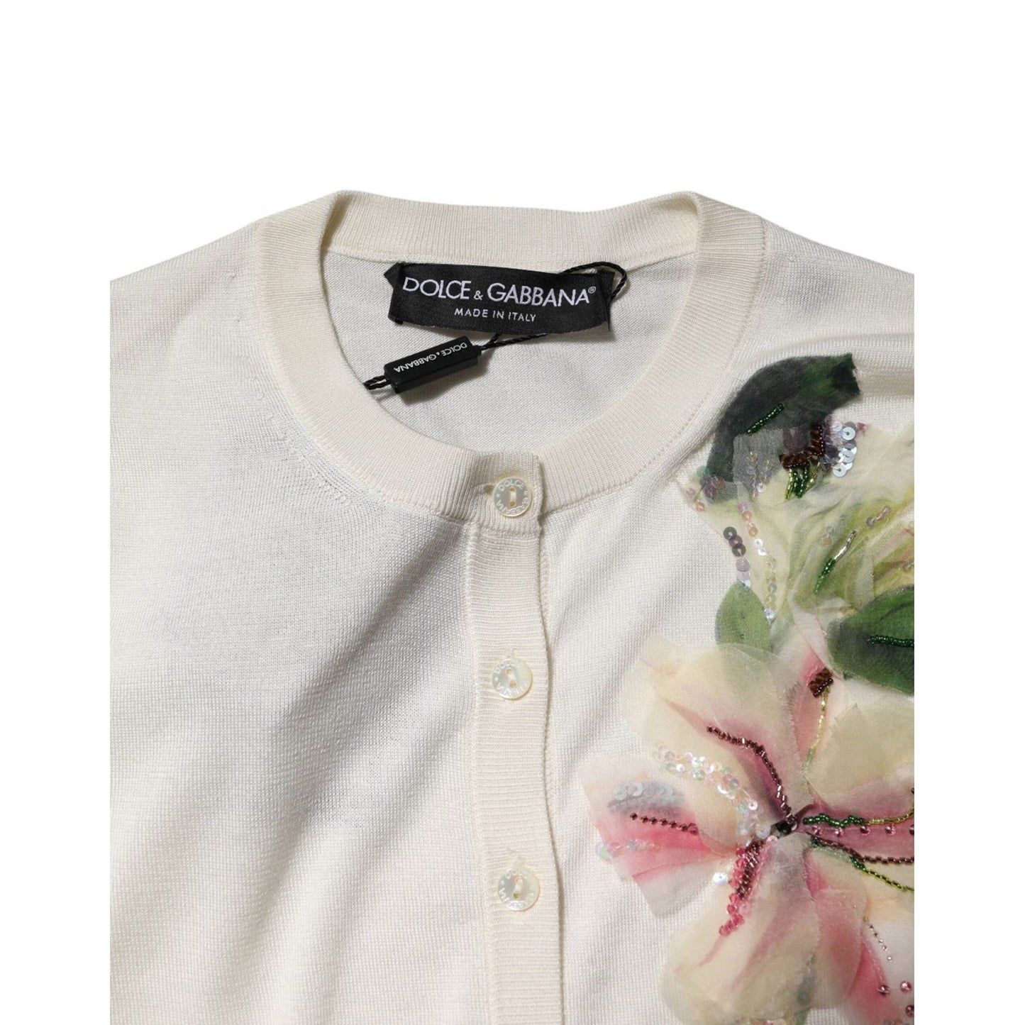 Dolce & Gabbana White Silk Lily Embellished Cardigan Sweater