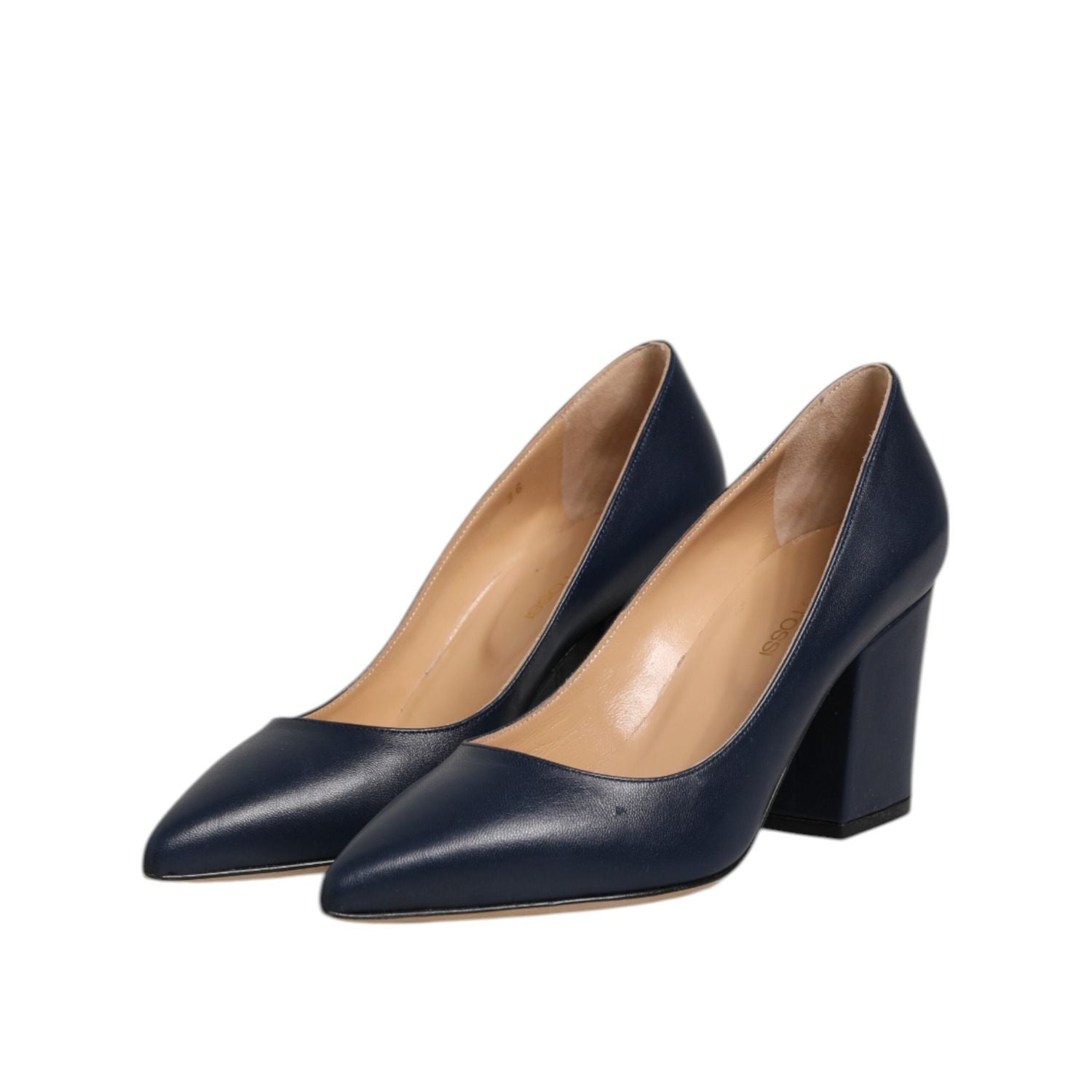Sergio Rossi Blue Leather Pointed Toe Block Heels Shoes