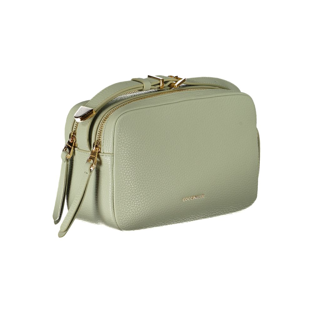 Coccinelle Green Leather Handbag with adjustable shoulder strap, two compartments, and zip closure featuring logo detailing.