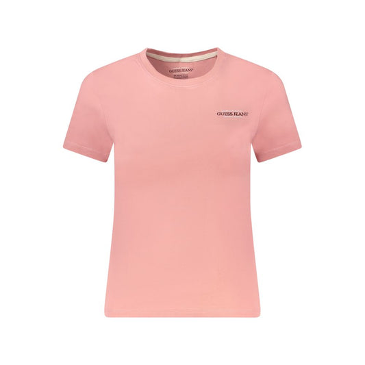 Guess Jeans Pink Cotton Women T-Shirt with signature logo, slim fit, premium cotton blend, vibrant hue, fashion-forward design.