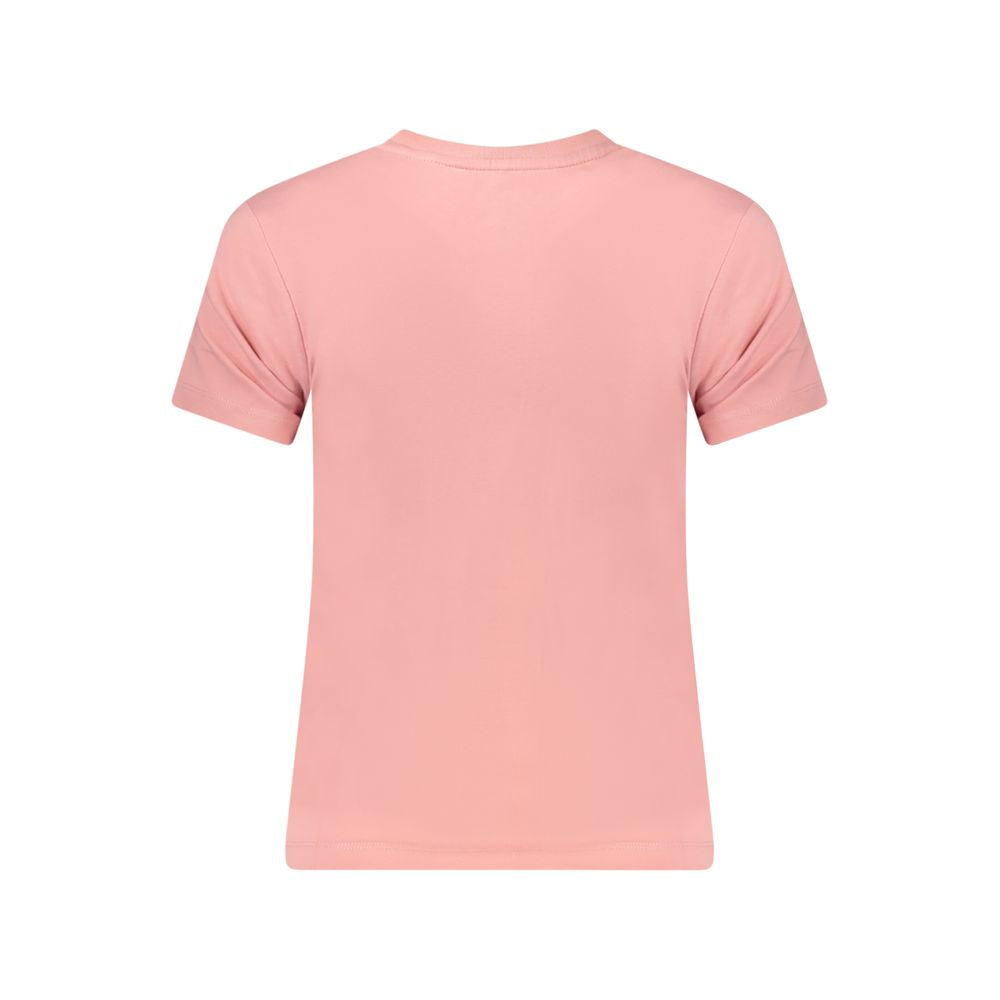 Back view of Guess Jeans Pink Cotton Women T-Shirt showcasing slim fit and vibrant hue.