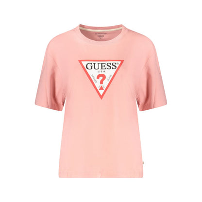 Guess Jeans Pink Cotton Women T-Shirt with iconic logo print, trendy oversized style, made from organic cotton for comfort and fashion-forward look.