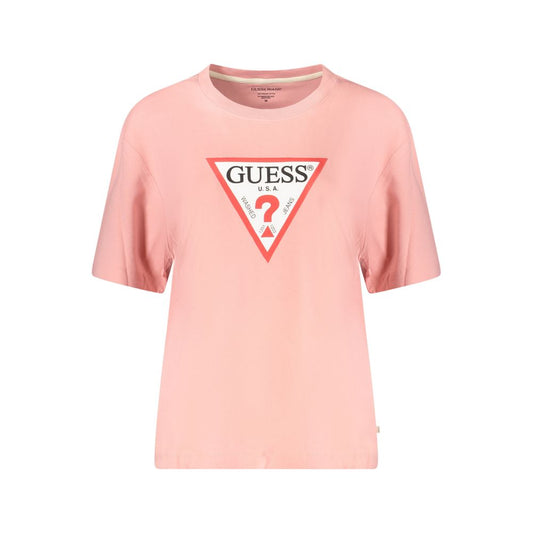 Guess Jeans Pink Cotton Women T-Shirt with iconic logo print, trendy oversized style, made from organic cotton for comfort and fashion-forward look.