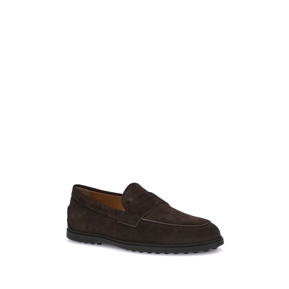 Tod's Brown Calf Leather Bos Taurus Slip-On Loafers with suede finish and rubber pebbles on heel.