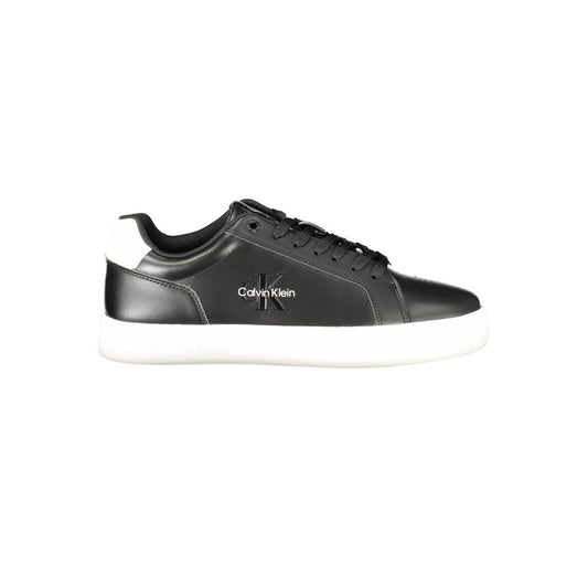 Calvin Klein Black Leather Men Sneaker with white sole, sleek design, and bold logo for stylish comfort.