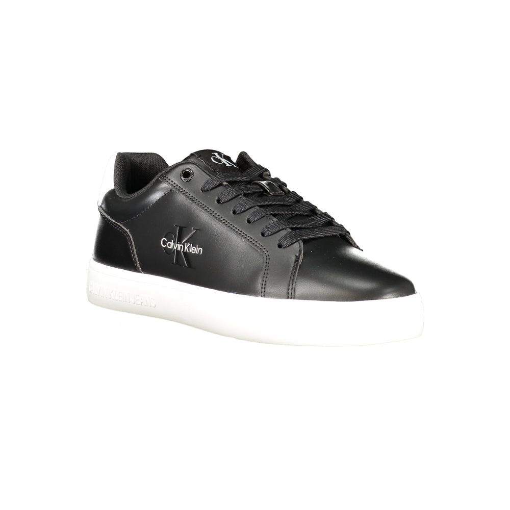 Calvin Klein Black Leather Men Sneaker with white details and logo, featuring a removable insole for comfort and high-fashion style.