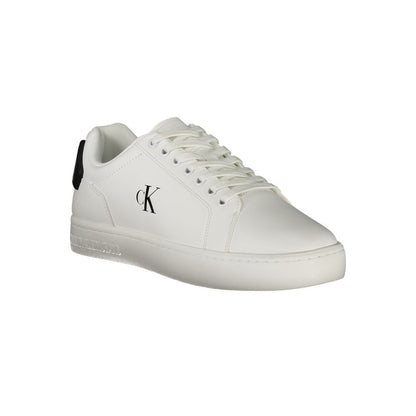 Calvin Klein White Leather Men Sneaker with black accents and removable footbed for comfort and style.