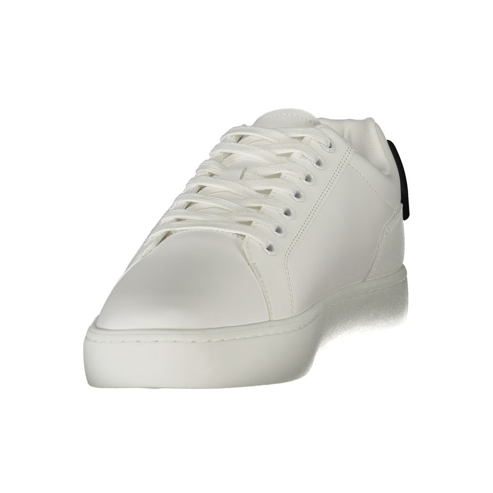 Calvin Klein White Leather Men Sneaker with black accents, featuring a removable footbed for personalized comfort and stylish athleticism.
