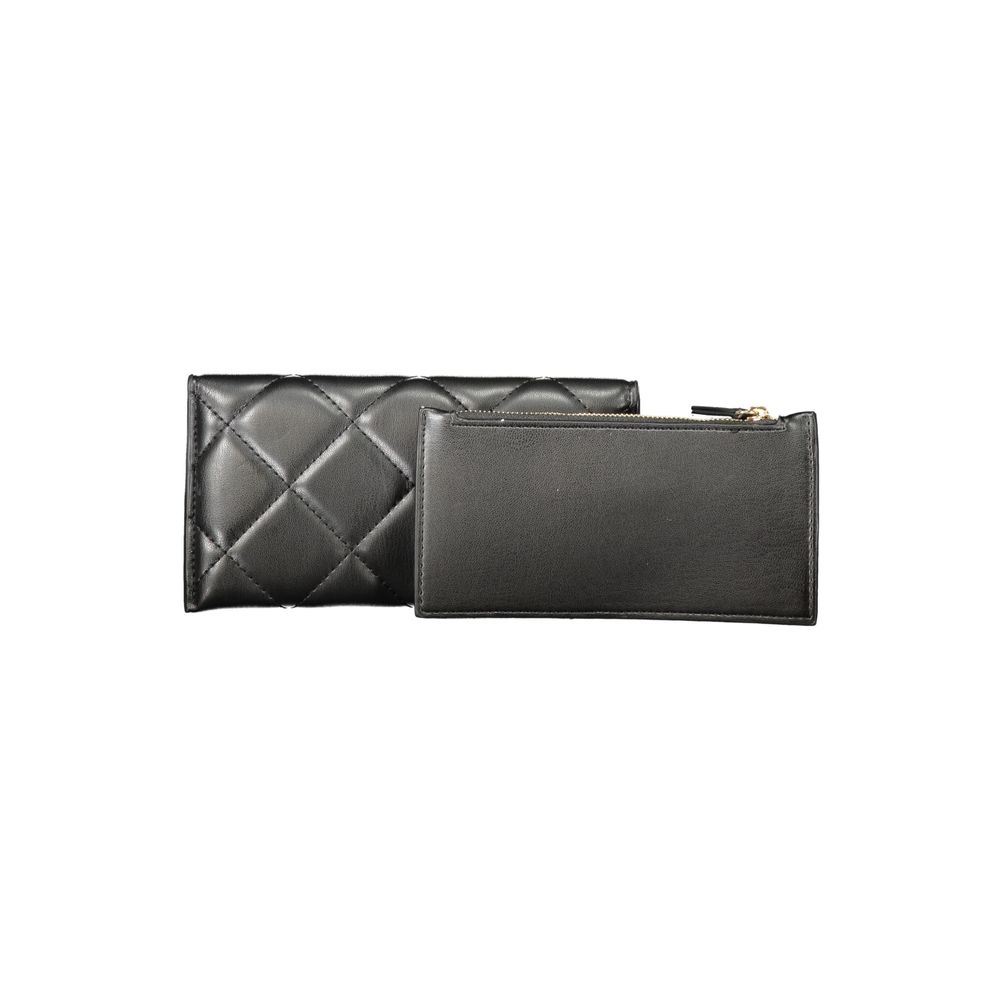 Mario Valentino Black Polyethylene Women Wallet with quilted design and contrasting details showcasing elegance and functionality.